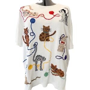 Bechamel White Cat Yarn Embroidered & Beaded Appliqué Cotton T Shirt XL